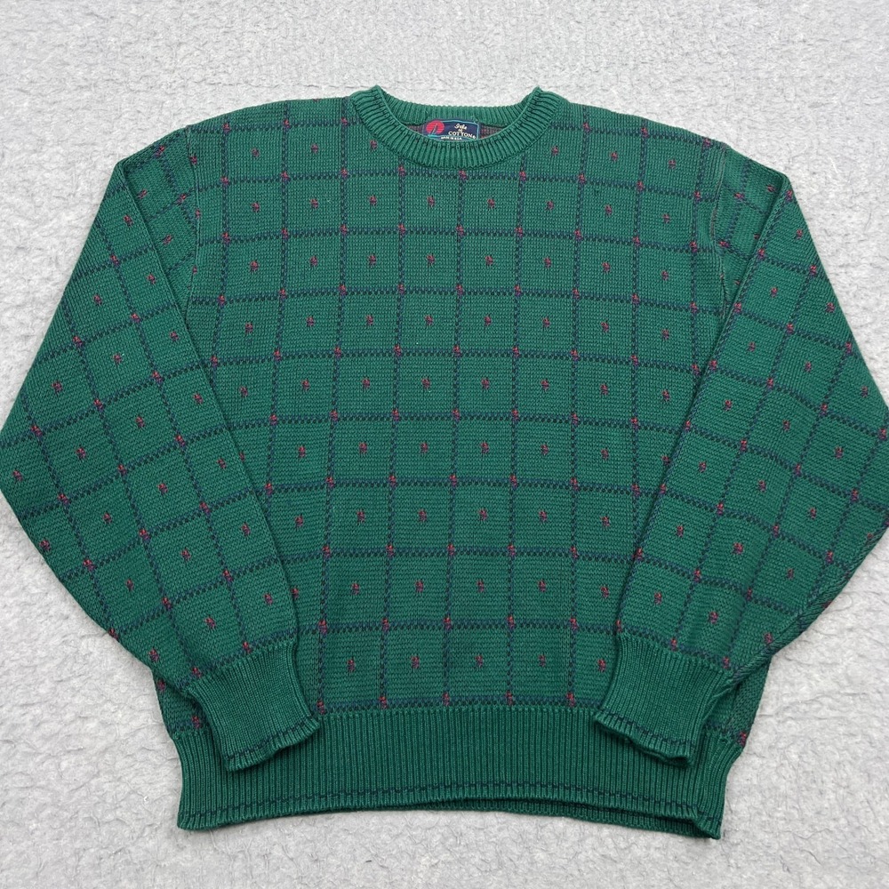 VTG Isle Of Cotton Sweater Men's Large Green Plaid Check Crew Pullover USA Made